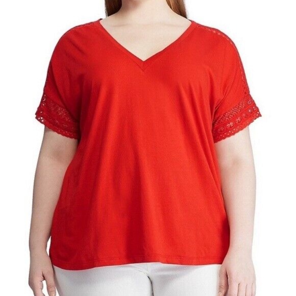 (NWT) Lauren Ralph Lauren Women's Red V-Neck Lace/Crochet Top Plus Size 2X - Picture 1 of 12